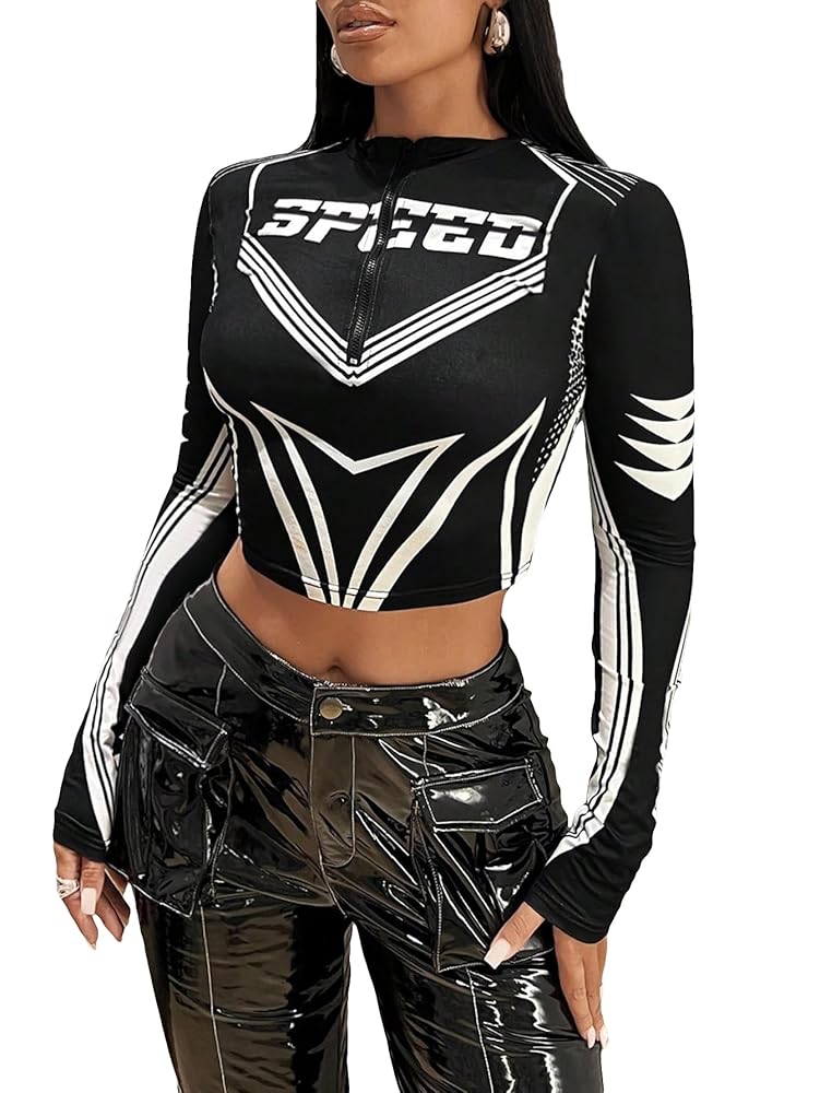 GORGLITTER Women's Letter Print Half Zip Up Crop Tops Stand